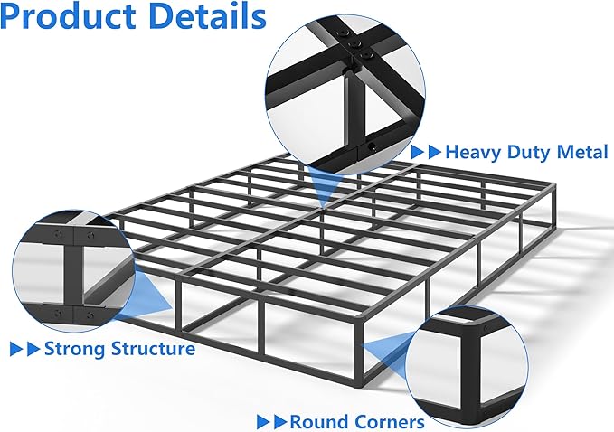 Qingzhou Box Spring King Bed Bases, 9 Inch High Metal King Size Box Spring Only, Heavy Duty Mattress Foundation with Fabric Cover, Easy Assembly, Quiet Noise Free, Non Slip, Black