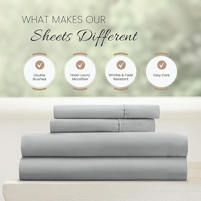 Linen Market Double-Brushed Microfiber Queen Sheet Set 4 Piece – Oeko-TEX Certified Ultra Soft & Wrinkle-Free - 16" Deep Pocket Sheets - Easy Care Queen Size - Light Gray