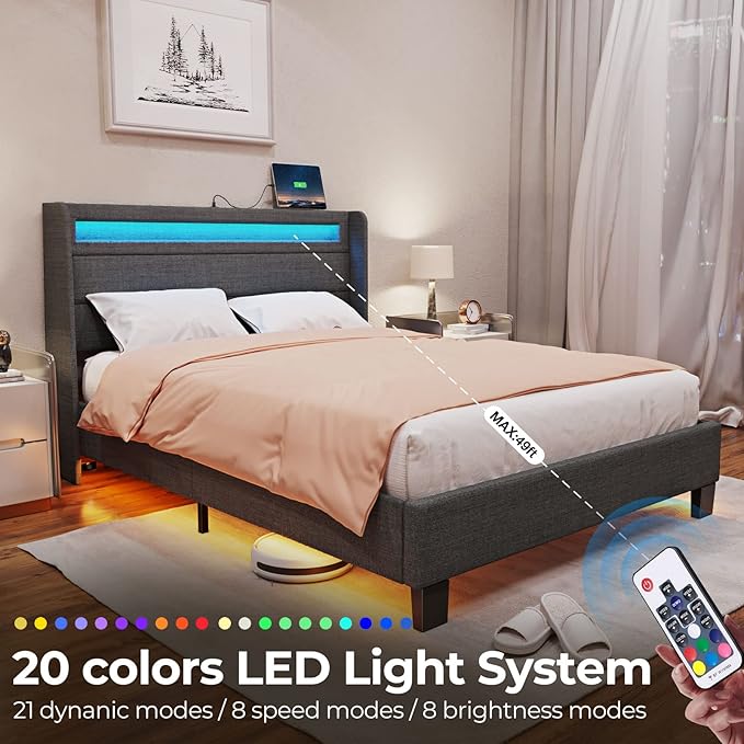 Rolanstar Bed Frame Queen Size with LED Lights and Charging Station, Upholstered Bed with Motion Activated Night Light and Wood Slats, Dark Grey
