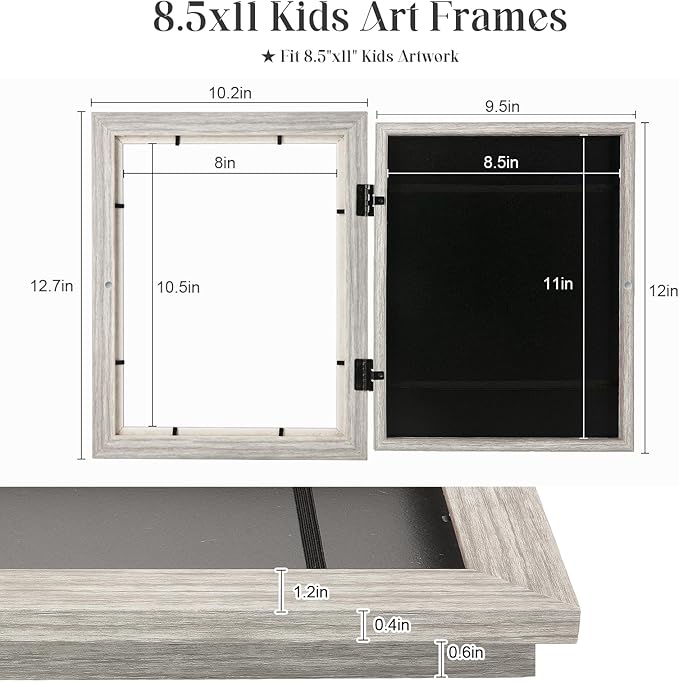[3-Pack] Kids Art Frames, 8.5x11 Front Opening Kids Artwork Frames Changeable, Grey Wood Grain Artwork Display Storage Frame for Wall, Holds 50 Pcs, for 3D Picture, Crafts, Children Drawing, Hanging