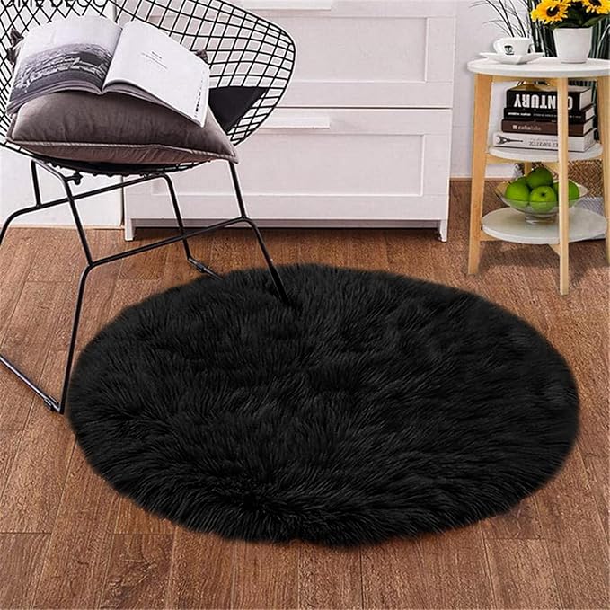 Goolela Black Round Rug 3ft Fluffy Fuzzy Sheepskin Rug Black Circle Faux Fur Rug by Goolela