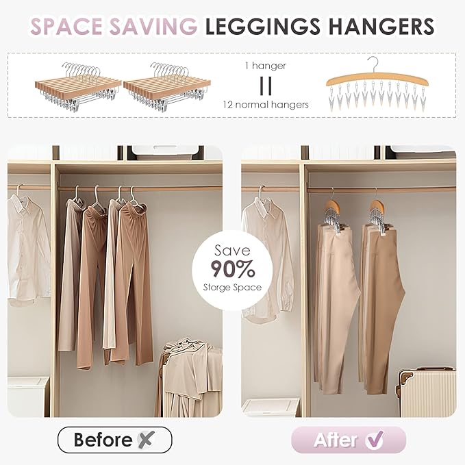 Leggings Hangers, Wooden Closet Hanging Leggings Storage Organizer Scarf Hangers with 24 Clips, 360° Swivel Hook, Burlywood, 2 Pcs