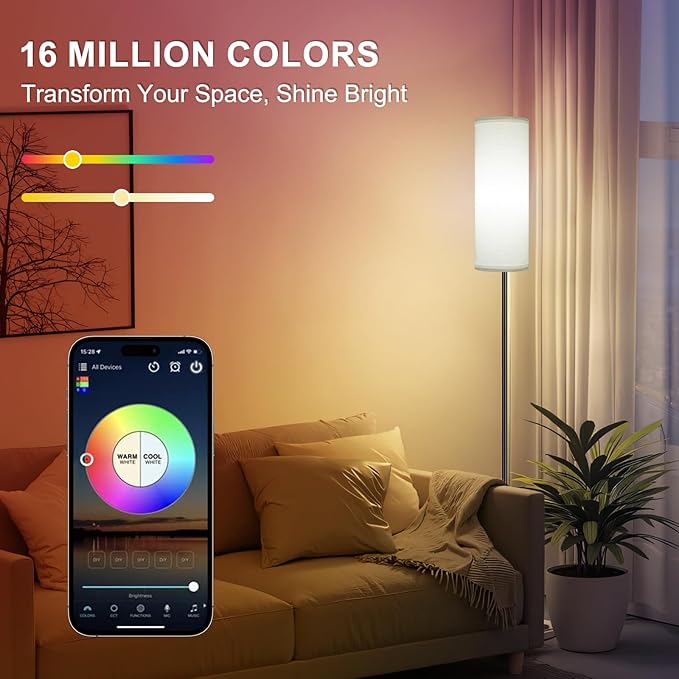 FRIDEKO HOME Floor Lamp, Color Changing Ambient Lighting for Living Room & Gaming Decor, Smart Standing Lamp with App & Remote Control, Tall Corner Lamp for Bedroom, 9W 800LM, Foot Switch, White Shade