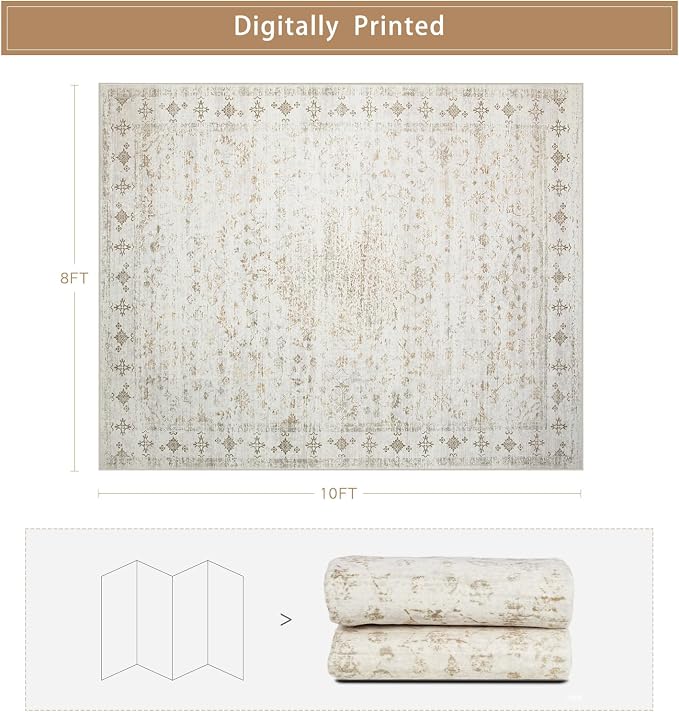8x10 Washable Area Rugs for Living Room, Dining Room- Neutral Beige | Retro - Image 2