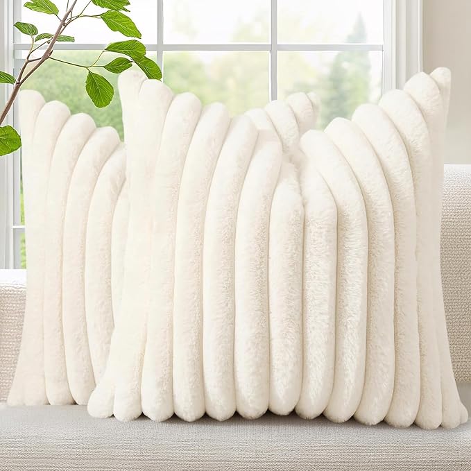 decorUhome Fall Faux Fur Throw Pillow Covers 12x12 Set of 2 Cream White | by decorUhome