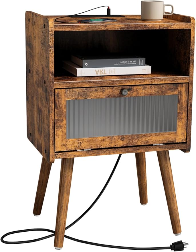 Mid Century Modern Nightstand with Charging Station, Bedside Tables with Glass Door, End Table Side Table with 2 Tiers Storage Space, for Bedroom, Living Room, Brown