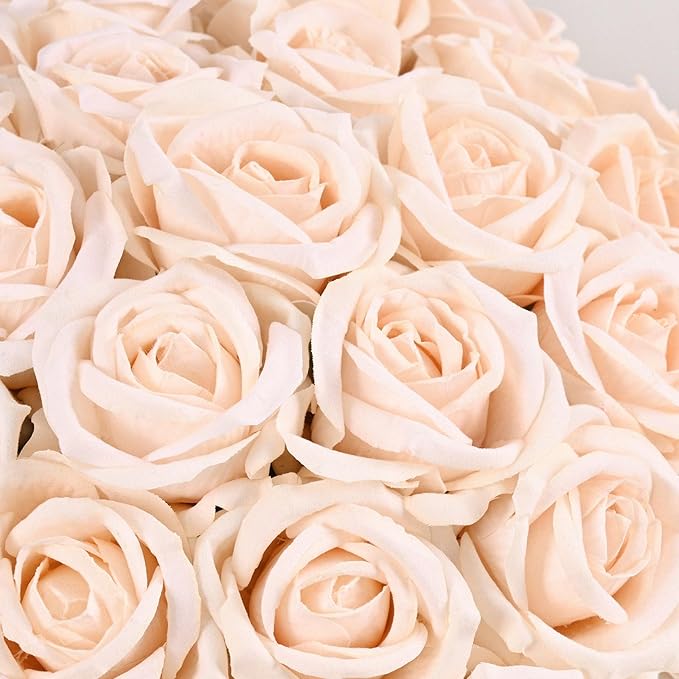 BLEUM CADE 100 Pcs Champagne Roses Artificial Flowers, Real Touch Velvet Roses Fake Flowers Bulk, Artificial Roses Bouquet with Long Stems Bridal DIY Wedding Party Centerpiece Decorations