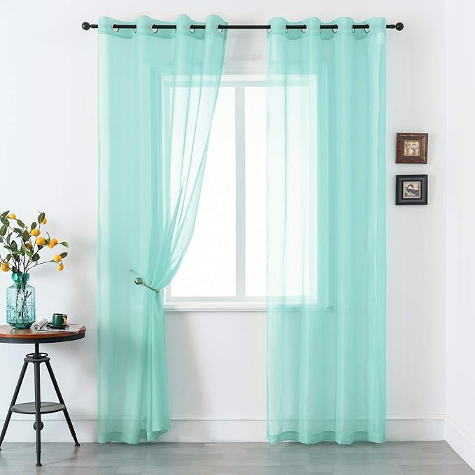 DUALIFE Aqua Blue Voile Sheer Grommet Curtains for Bedroom,Look Semi Sheer Windows Panels,Elegant Solid Color Touch Soft Drapes,52X96 Inch for Living Room 2 Panels(Seafoam Green)