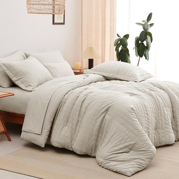CozyLux California King Comforter Set with Sheets 7 Pieces, Beige Seersucker Bed in a Bag Cal King Luxury Soft Bedding Sets with Down Alternative Comforter, Sheets, Pillowcases & Shams for All Season