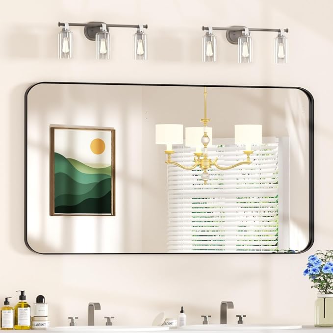 55×30 Black Vanity Mirror for Bathroom Sink - Rectangle Aluminum Frame Mirror with Tempered Glass & Rounded Corners for Living Room, Hallway, Horizontal/Vertical, Home Decor