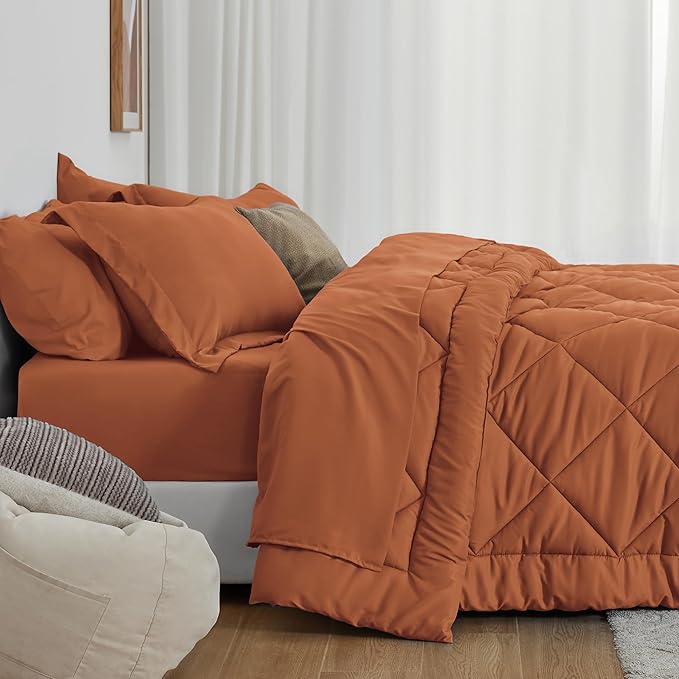 Love's cabin Queen Comforter Set Terracotta, 7 Pieces Queen Bed in a Bag, All Season Bedding Sets with 1 Comforter, 1 Flat Sheet, 1 Fitted Sheet, 2 Pillowcase and 2 Pillow Sham