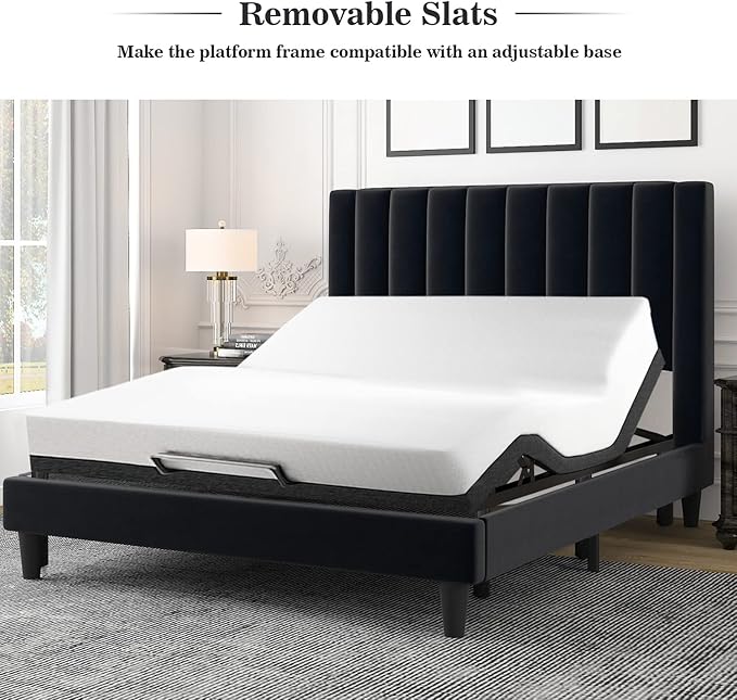 Allewie Queen Bed Frame/Velvet Upholstered Bed Frame with Vertical Channel Tufted Headboard/Strong Wooden Slats/Platform Bed Frame/Mattress Foundation/Box Spring Optional/Easy Assembly/Black