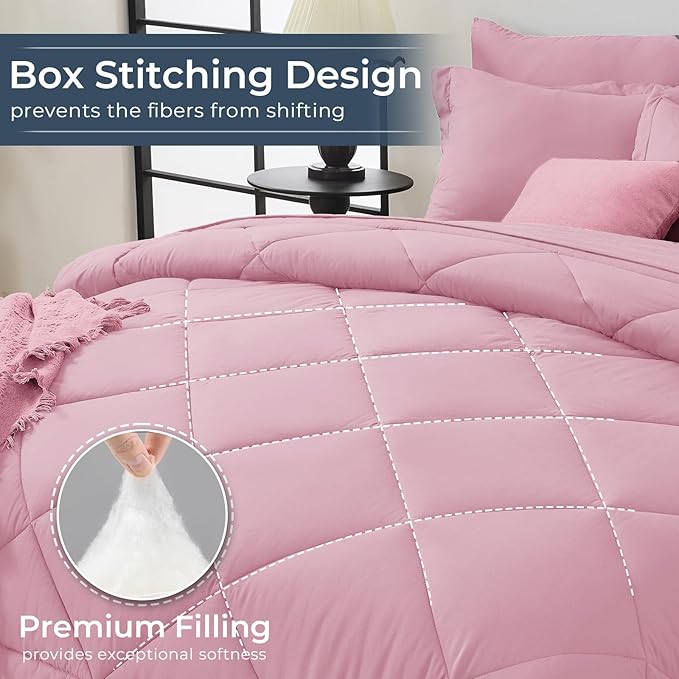 HEVUMYI Pink Full Comforter Set - 7-Piece All Season Bed in a Bag Full, Ultra Soft Bedding Set with Comforter, Flat Sheet, Fitted Sheet, Pillowcases, Pillow Shams, Pink