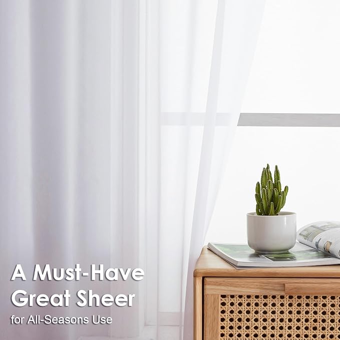White Sheer Curtains 45 Inch Long 2 Panels, Rod Pocket Voile Drapes - Image 2