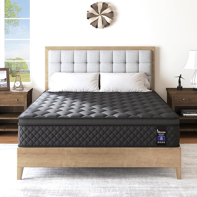 King Mattress, 14 Inch Hybrid Mattresses Black Euro Top Medium Firm for Back & Lumbar Support, 100 Night Trial, Individual Pocket Spring Bed for Motion Isolation & Pressure Relief