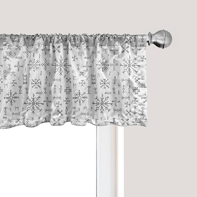 Ambesonne Nordic Window Valance Pack of 2, Viking Runes and Talismans Scandinavian Symbols with The Futhark Alphabet, Rod Pocket Curtain Valances for Kitchen Bedroom, 54" X 12", Dark Grey and White