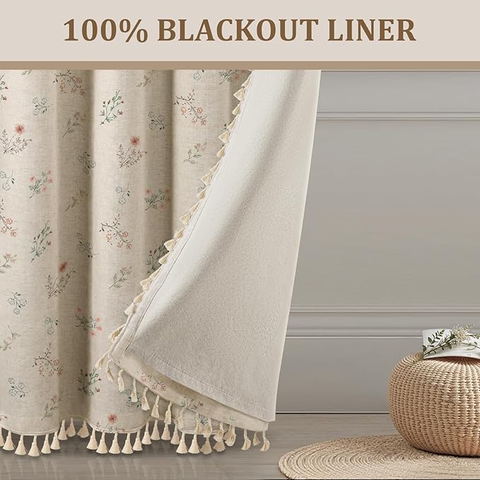 Boho Floral 100% Blackout Curtains 72 Inch 2 Panels Linen Texture | Farmhouse - Image 6