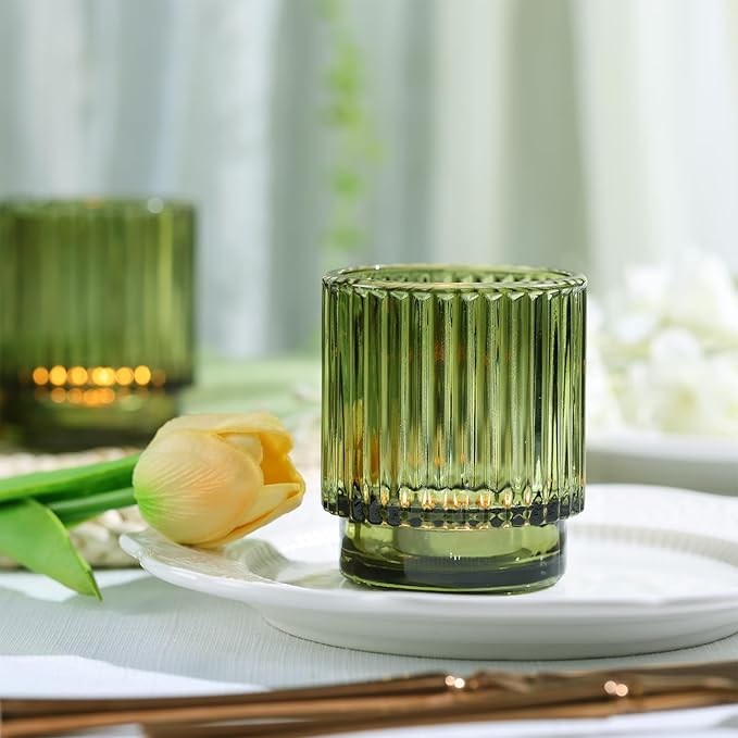 DEVI 8pcs Large Green Votive Candle Holders for Wedding Centerpieces, Glass Tea Lights Candle Holder Decor, Wedding Bridal Shower Party Table Decor, Vintage Boho Easter Decor for Table Centerpiece