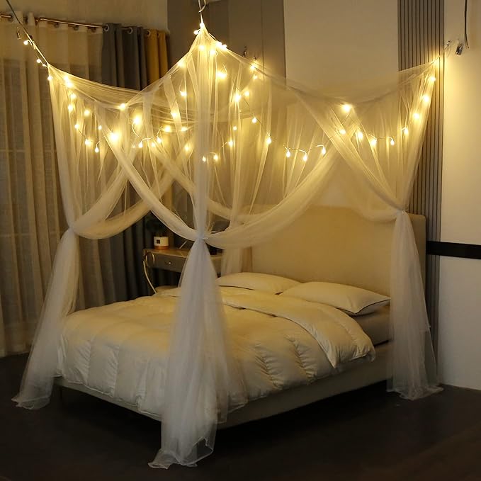 Mengersi Bed Canopy for Full Queen King Size Bed,Canopy Bed Curtains Elegant Mosquito Net,Mosquito Netting for Camping Patio Indoor Outdoor Bug Net,White