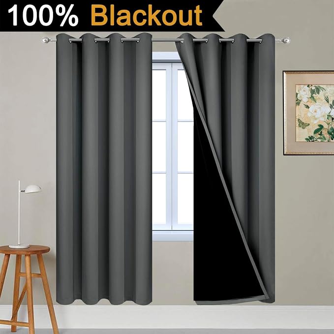 Yakamok Dark Grey 100% Blackout Curtains 72 Inches Long 52" Wide 2 Panels | - Image 2