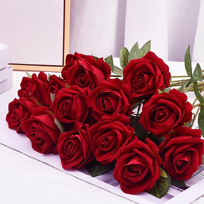 BLEUM CADE 100 Pcs Red Velvet Roses Artificial Flowers, Real Touch, Long Stems, Wedding & Occasion Decor