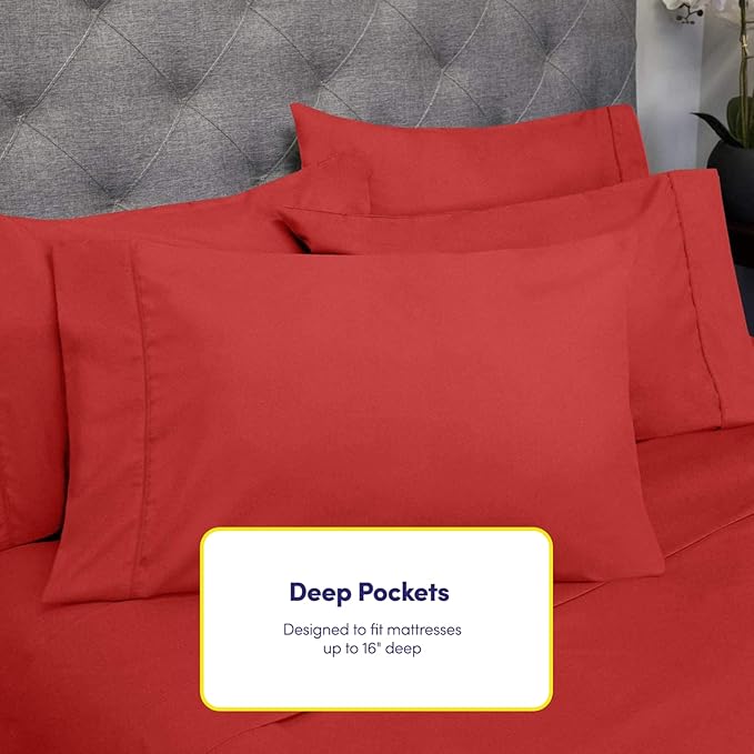 King Size Bed Sheets - 6 Piece 1500 Supreme Collection Fine Brushed Microfiber Deep Pocket King Sheet Set Bedding - 2 Extra Pillow Cases, Great Value, King, Samba Red