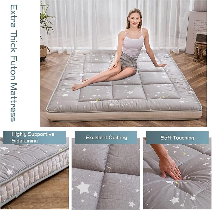 MAXYOYO Grey Constellation Futon Mattress, Japanese Floor Mattress Quilted Bed Mattress Topper, Extra Thick Folding Sleeping Pad Breathable Floor Lounger Guest Bed for Camping, Full