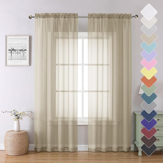 Taupe Sheer Curtains 84 Inches Long 2 Panels, Light Filtering Solid Voile Sheer by Lecloud