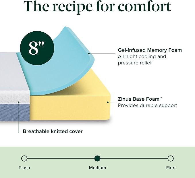 ZINUS 8 Inch Full Cooling Essential Memory Foam Mattress [NewVersion], Fiberglass Free, Medium Feel, Breathable Cooling Layers, Certified Safe Materials