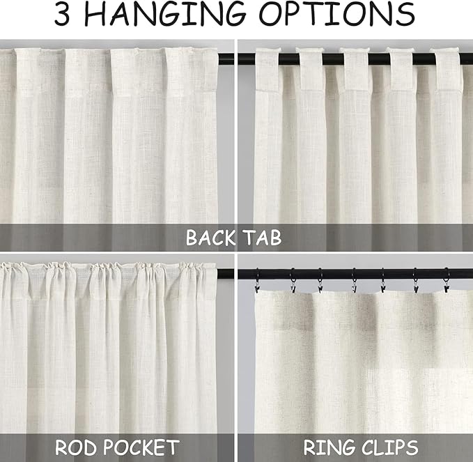 Cream Linen Curtains 63 Inch for Bedroom Natural Semi Sheer Light Filtering - Image 2
