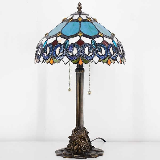 Tiffany Stained Glass Table Lamp 12X12X21Inch Resin Base Desk Bedroom Living Room Reading Light (Blue Jewelry Baroque)