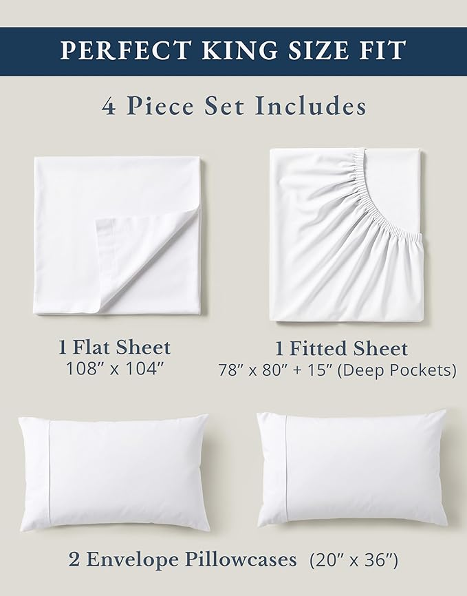LANE LINEN 100% Organic Cotton King Size Sheets Set, Soft & Comfy All Season Breathable Sheets King Size, Percale Weave Fully Elasticized Eco Friendly Naturally Cooling King White Bed Sheets