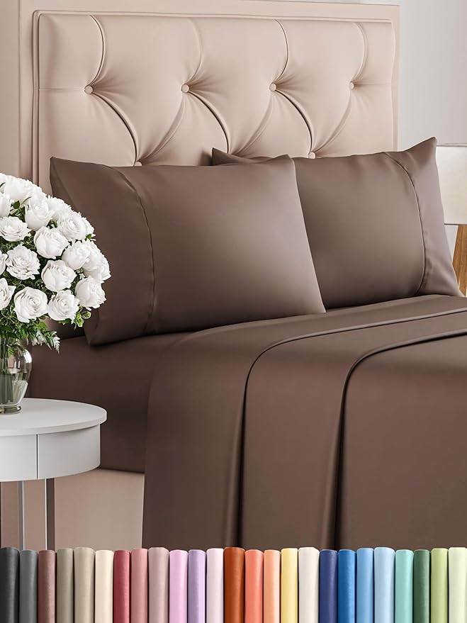 Twin XL 4 Piece Sheet Set - Comfy Breathable & Cooling - Ultra Soft Hotel Luxury Bedding Set w/ 8-16 Inch Deep Pockets - 1 Flat & 1 Fitted Sheet & 2 Pillowcases - Wrinkle Free and Easy Care - Brown