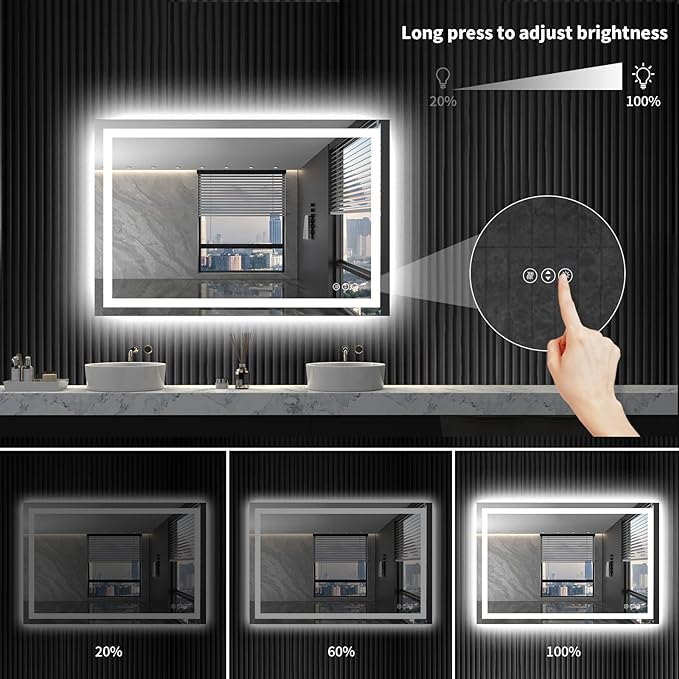 LOAAO 48X32 LED Bathroom Mirror with Lights, Anti-Fog, Dimmable, Backlit + Front Lit, Lighted Bathroom Vanity Mirror for Wall, Memory Function, Tempered Glass (Safe to Use)