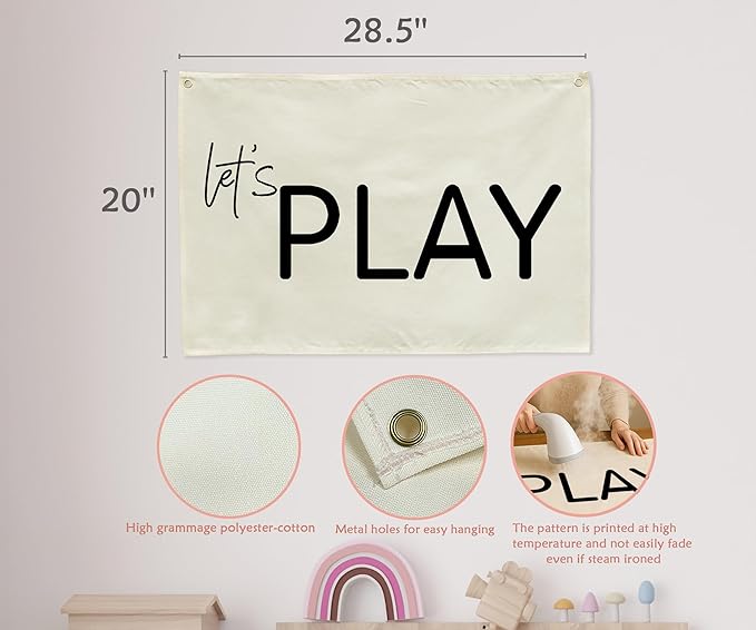 Let's Play-Playroom Rectangular Canvas Banner Flag Poster Wall Sign Decor for Boy Girl Kids Teen,Nursery Playroom Homeschool Baby Room Bedroom Home Dorm Decor-Baby Shower Birthday Christmas Gift