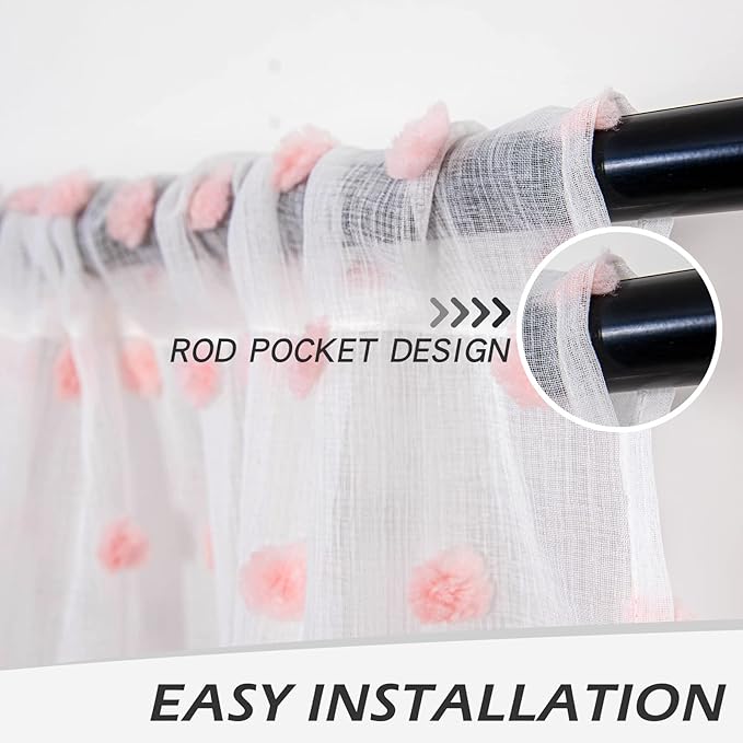 MYSKY HOME Short Curtains for Kitchen Windows Pink Pom Pom Curtains for Bedroom Light Filtering White Sheer Curtains for Nursery Cafe Bathroom Privacy Rod Pocket Bohemian Voile 38 x 45 inch 2 Panels