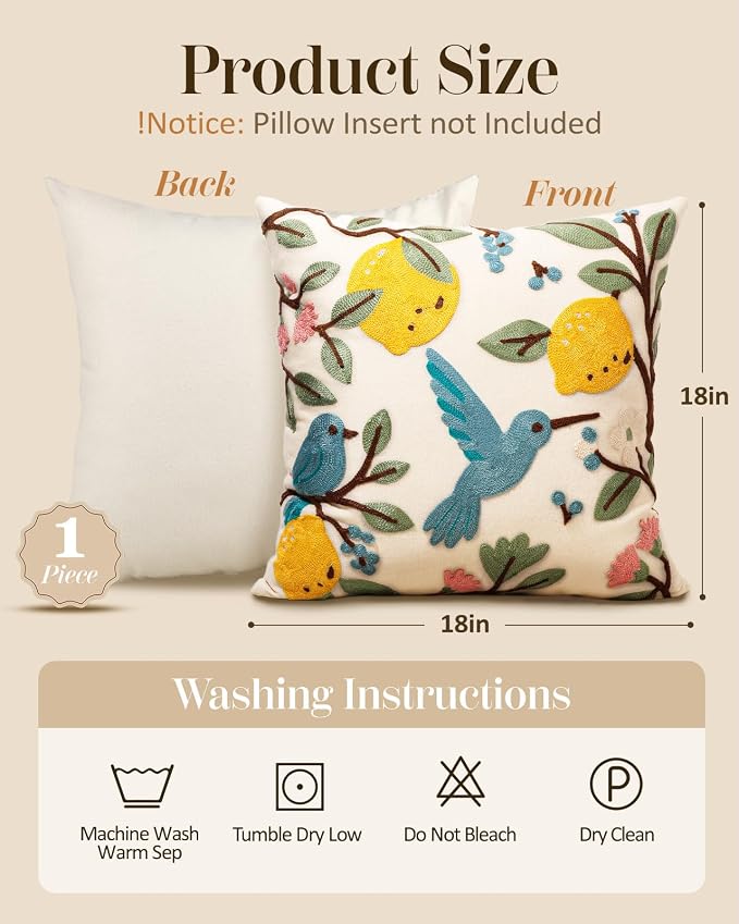 Embroidered Throw Pillow Cover 18x18 Inch, Bird Lemon | Decorative Pillow Cover - Image 4