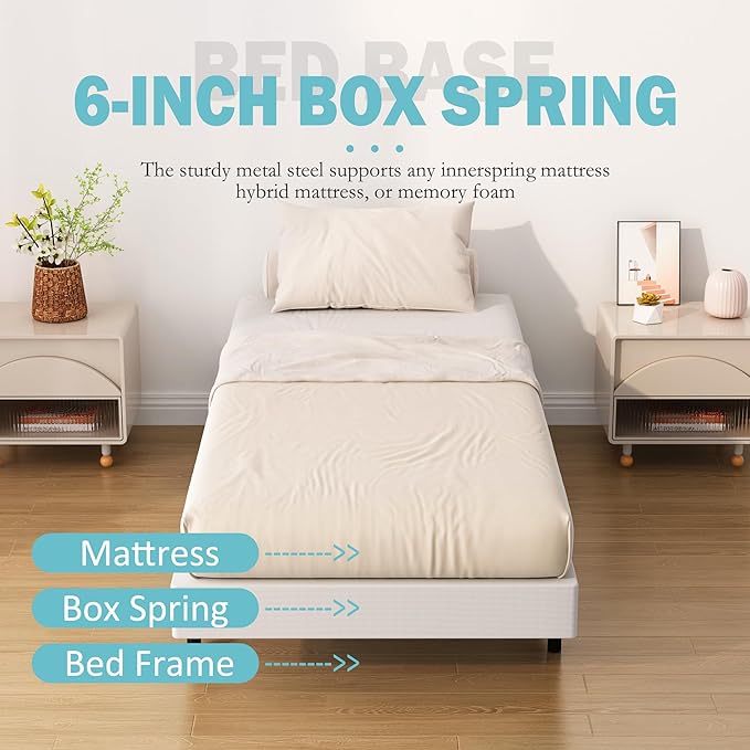 Twin Box Spring Bed Base 6 Inch, Low Profile Metal Boxspring Twin with Fabric Cover, 2000 Lbs Max Weight Capacity Mattress Foundation, Noise-Free, Easy Assembly
