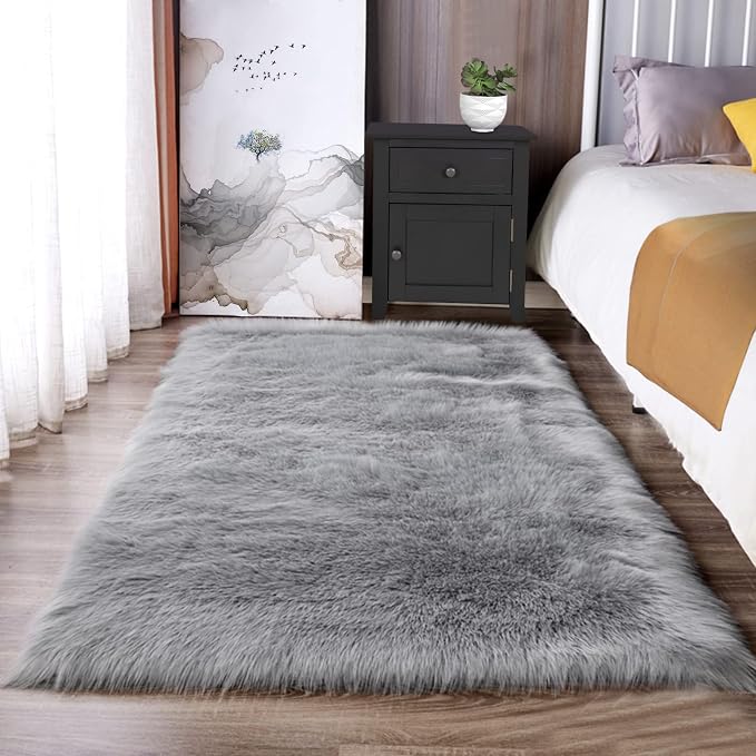 Latepis Gray Rugs for Bedroom Small Throw 3x4 Area Faux Fur Rug Washable Fluffy - Image 2