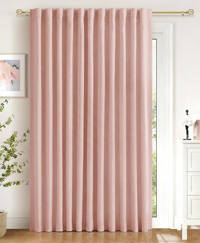 Linen Textured Total Blackout Sliding Door Curtains 84 Inch Long Blush Pink | by 100BlackoutShield