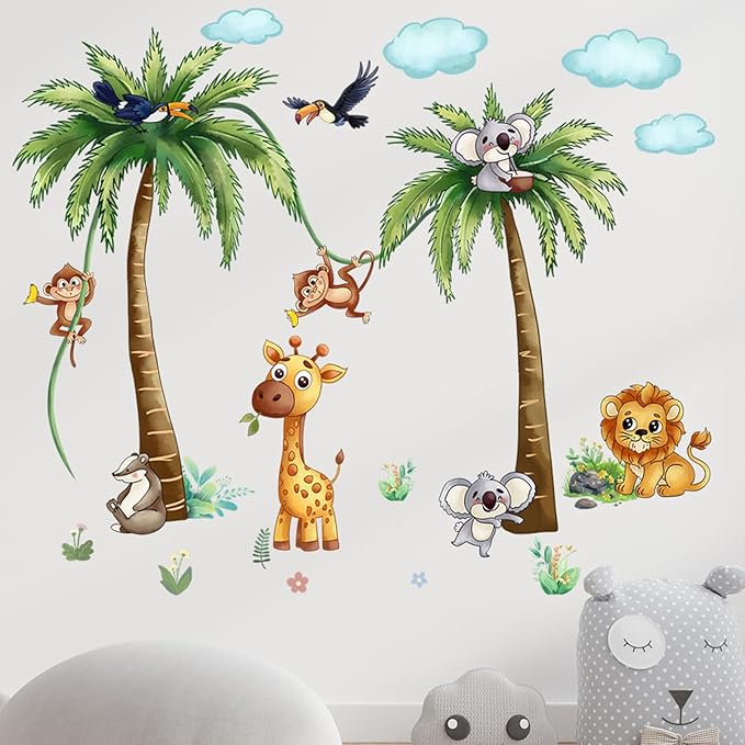 Jungle Animal Wall Stickers Forest Safari Wall Decals Kid Room Nursery Baby Bedroom Décor (Brown Tung Tree Toucan)