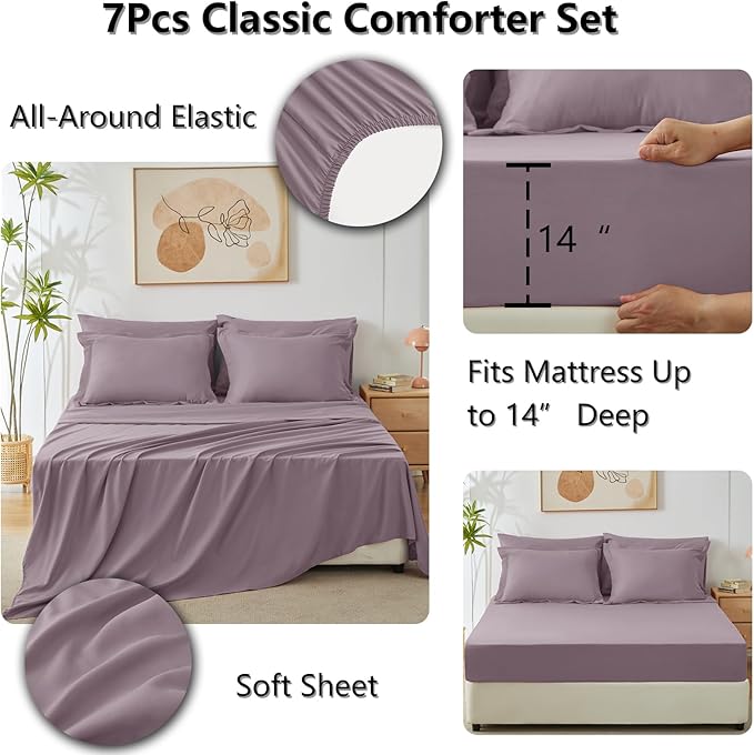 CozyLux Full Size Comforter Sets Dusty Purple - 7 Pieces Bed in a Bag Full, Soft Bed Set for All Seasons, Bedding Set with Down Alternative Comforter, Sheets, Pillowcases & Shams, Grayish Purple