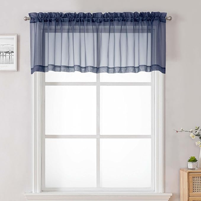 Navy Blue Sheer Valances for Windows 18 Inch Length 2 Pcs, Cafe Kitchen by Lecloud