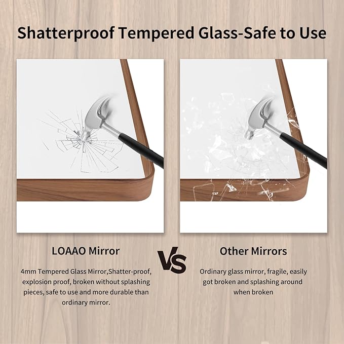 LOAAO 72X40 Inch Bathroom Mirror with Wood Grain Colored Metal Frame, Rounded Rectangle Metal Framed Bathroom Mirror, Anti-Rust, Hangs Horizontally or Vertically, Tempered Glass