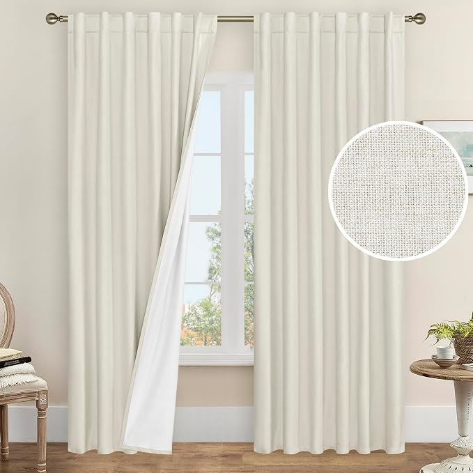 Linen Blackout Curtains for Bedroom 90 Inch by LAMIT