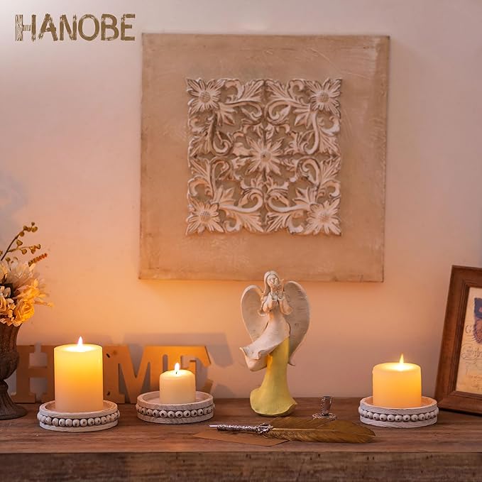 Hanobe Wood Plate Candle Holder: Small Candle Plate Set of 3 Decorative White Washed Beaded Holders Tray Round Candle Stick Holders Farmhouse Table Centerpiece for Fireplace Dining Room Home Decor