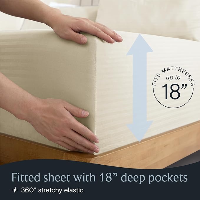 LuxClub 4 PC King Size Sheet Set Bed Sheets, Breathable Luxury Deep Pockets Wrinkle Free Cooling Sheets Machine Washable Hotel Bedding (King, Striped Cream)