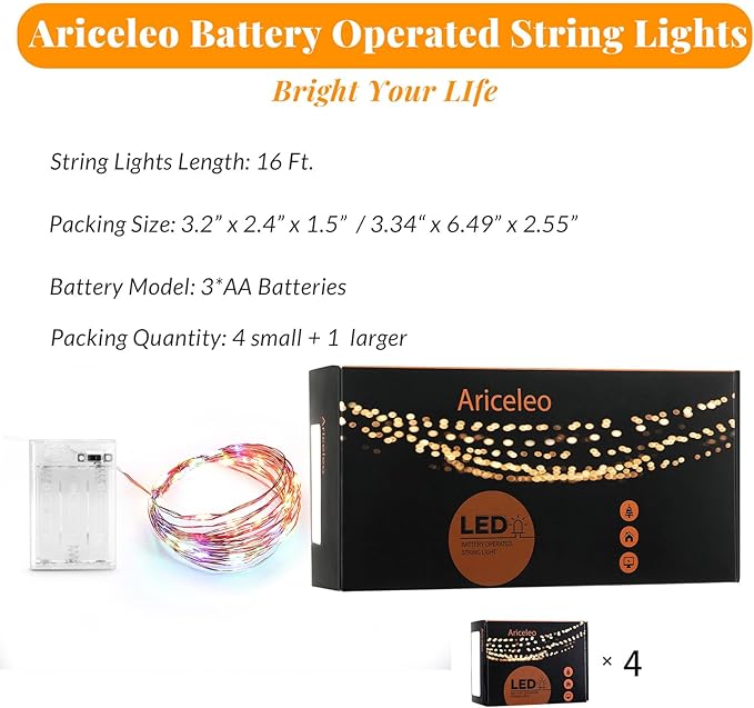 Led Fairy Lights Battery Operated, 4 Packs Mini Battery Powered Copper Wire Starry Fairy Lights for Bedroom, Christmas, Parties, Wedding, Centerpiece, Decoration (5m/16ft Multi-Colored)