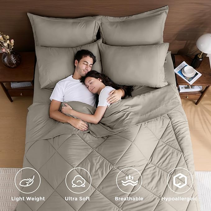 HEVUMYI Oatmeal Full Comforter Set - 7-Piece All Season Bed in a Bag Full, Ultra Soft Bedding Set with Comforter, Flat Sheet, Fitted Sheet, Pillowcases, Pillow Shams