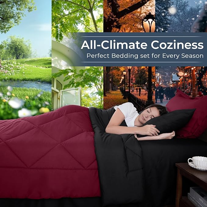 HEVUMYI Red & Black Full Comforter Set - 7-Piece All Season Bed in a Bag Full, Ultra Soft Burgundy Bedding Set with Comforter, Flat Sheet, Fitted Sheet, Pillowcases, Pillow Shams, Burgundy Red & Black